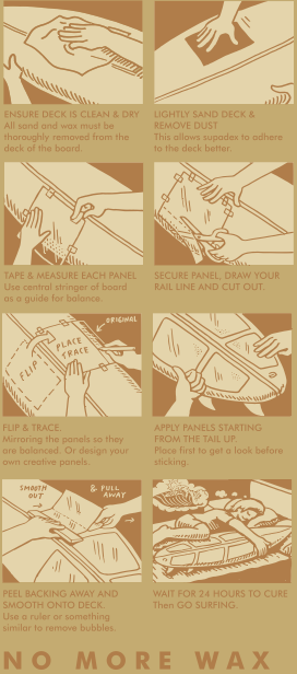 Directions for applying Supadex traction pads to your surfboard to improve grip while surfing. Wax free!